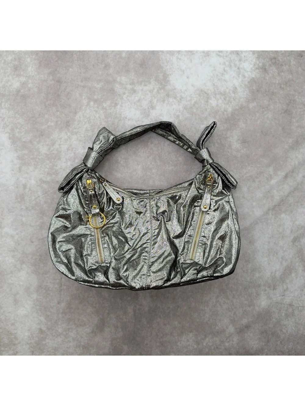 Vintage Metallic Silver Hobo Shoulder Bag Slouchy Y2K Purse